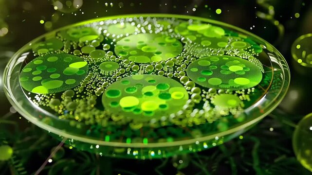 Captivating Microscopic World: Green Algae Cells in Petri Dish Animated Visualization
