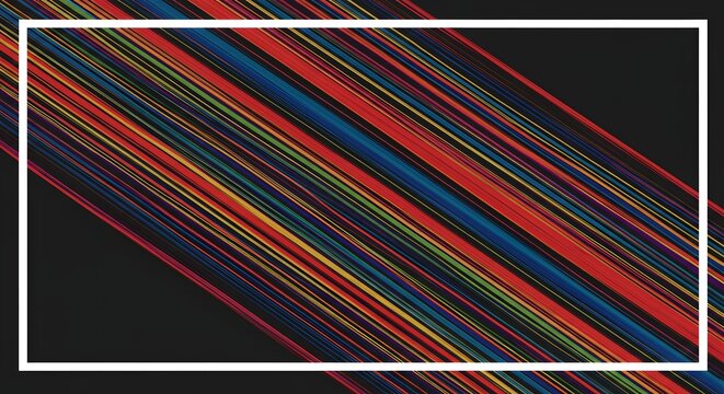 Abstract artwork with a white frame surrounding diagonally striped colorful lines on a black background - Powered by Adobe
