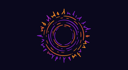 Naklejka premium Abstract digital graphic with purple and orange concentric rings, adorned by enigmatic symbols on a dark background, blending technology and ancient lore.