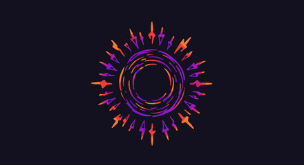 A vibrant abstract digital illustration featuring a stylized sun with radiating rays in striking purple and orange hues against a dark background, perfect for modern design projects.