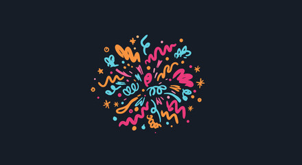 A vibrant explosion of colorful hand-drawn abstract shapes and squiggles on a dark background, perfect for celebrating joy and creativity.