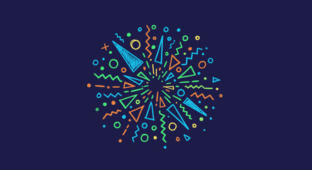 A vibrant, abstract explosion of colorful geometric shapes and lines radiates outward on a deep blue background, symbolizing energy and celebration.