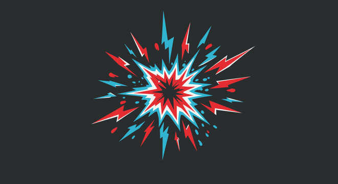 A dynamic and vibrant comic book style explosion with radiating red and blue lightning bolts creates an energetic pop art visual on a dark background.
