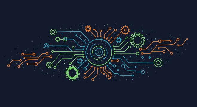 An intricate digital circuit board illustration featuring interconnected lines and gears, symbolizing data flow and technological advancement on a dark background.