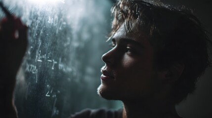 Young student intently focused on solving mathematical equations on a dark chalkboard with dramatic lighting