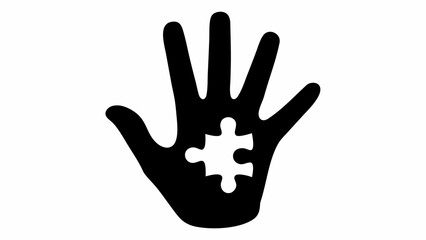 Fototapeta premium Black hand silhouette with a white puzzle piece cutout in the palm against a white background design here