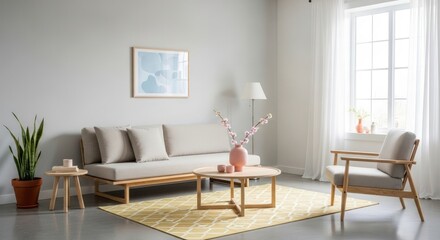 Modern living room with gray sofa and wooden furniture