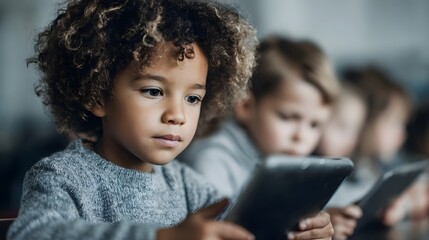 Young children engaged with tablet devices in a classroom setting learning and using modern technology
