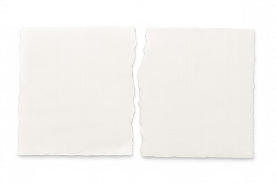 Ripped blank paper pieces with torn edges on transparent background, showing separation and division concept