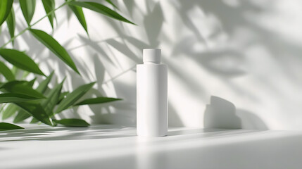 simple skin care bottle with soft plant shadows in the background