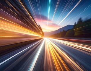 Abstract view of a road with motion blur, vibrant colors, and lights