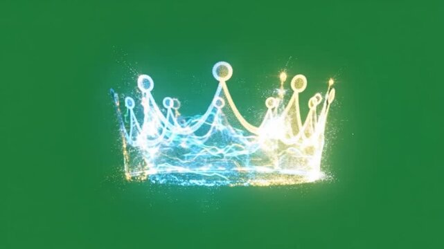 Crown Icon: An radiant crown, meticulously crafted with sparkling particles, glows brightly, symbolizing royalty, power, and prestige against a bold green backdrop. 