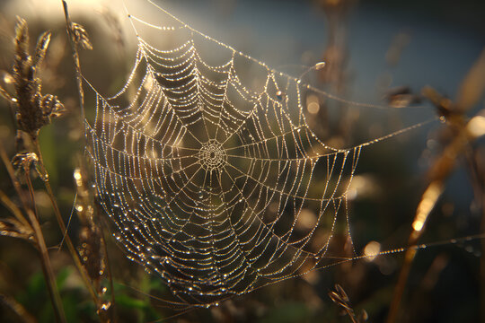 Morning dew clings to a spider web in the green grass, forming a delicate pattern in nature - Powered by Adobe