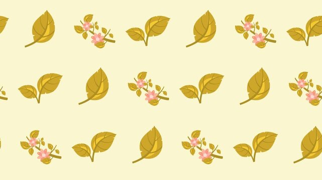 Seamless pattern of stylized golden leaves and pink flowers icon in a tileable background animation. Repeating wallpaper with botanical foliage and blossom on a yellow autumn cartoon decoration.