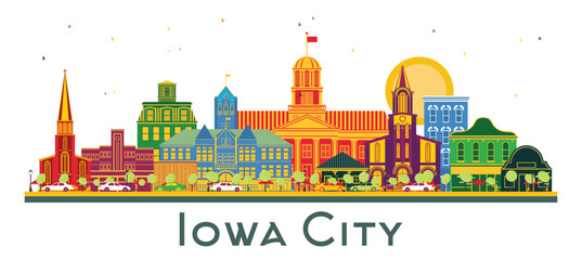 Iowa City Skyline with Color Buildings isolated on white. Illustration. Business Travel and Tourism Illustration with Historic Architecture. Iowa City Cityscape with Landmarks.