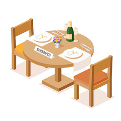 Romantic dinner setup for two. Reserved table with champagne, glasses, flowers, and cutlery on a wooden table. Plates with rolled napkins. Perfect atmosphere for a special evening.