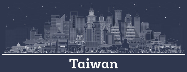 Outline Taiwan City Skyline with white Buildings. Illustration. Tourism Concept with Historic Architecture. Taiwan Cityscape with Landmarks. Taipei. Kaohsiung. Taichung. Tainan. © BooblGum