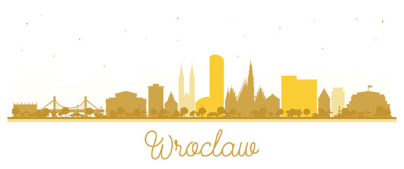 Wroclaw Poland City Skyline silhouette with golden buildings isolated on white. Illustration. Wroclaw Cityscape with Landmarks. Business Travel and Tourism Concept with Historic Architecture.