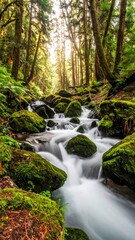 Obraz premium Cascading Stream Through Verdant Forest - A Serene Natural Landscape.