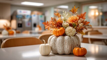Thanksgiving cornucopia centerpiece a hospital staff break room Sharp focus on the festive decor with a warm softly blurred background Professional holiday concept