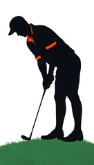 A woman golfer silhouette hits a ball with a club on a green grass golf course