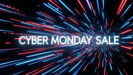 High Speed Digital Cyber Monday Sale Text Traveling Through Warp Tunnel Of Red And Blue Light Trails Data Network Lines For Online Shopping Discount Event Banner Marketing Business Advertisement
