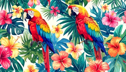 Two vibrant parrots amid lush tropical flowers and foliage