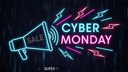 Loud Neon Megaphone Announcing Cyber Monday Sale With Flashing Lightning Bolts And Glowing Text Against Dark Background For Massive Online Shopping Discount Event Digital Marketing Advertisement Banne - Powered by Adobe