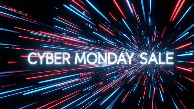 High Speed Digital Cyber Monday Sale Text Traveling Through Warp Tunnel Of Red And Blue Light Trails Data Network Lines For Online Shopping Discount Event Banner Marketing Business Advertisement 