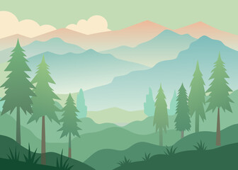 Fototapeta premium Watercolor Forest Morning Mist Painting Background