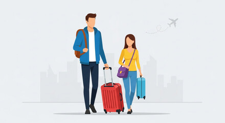 A couple is walking with their luggage at the airport, they are going on vacation and excited about the trip