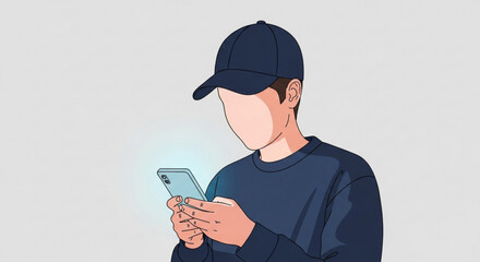 A young man wearing a cap is looking at his smartphone, he is holding the phone with both hands and typing a message