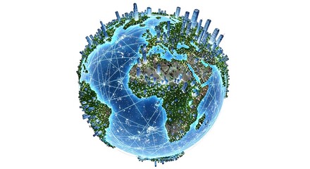 Fototapeta premium Blue earth globe with city buildings isolated on white background