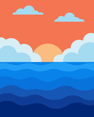 Watercolor sea horizon with clouds background painting