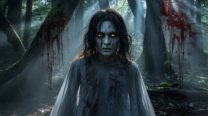 Eerie Forest Encounter A Pale Figure Emerges Covered in Bloodstains