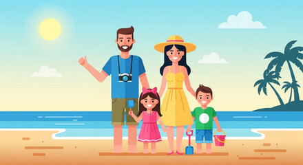 A happy family enjoying a summer vacation on the beach, with the sun shining brightly in the sky, creating a warm and cheerful atmosphere on the shore