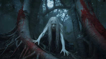 Eerie Forest Encounter An Albino Woman Crawling Through Woods Covered in Blood