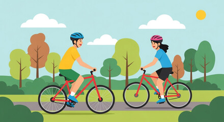 A couple riding bicycles in a park on a sunny day, enjoying the fresh air and beautiful scenery, creating a sense of freedom and adventure