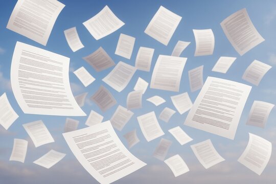 Flying sheets of paper scattered in the sky with a light blue background, representing chaos, disorganization, or data loss concept. - Powered by Adobe