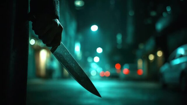 A hand holding a sharp knife on a street at night, out of focus background