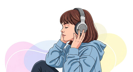 A serene girl with brown hair is immersed in music, eyes closed, wearing headphones and a blue hoodie