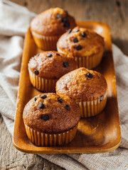 Freshly Baked Chocolate Chip Muffins on Wooden Tray