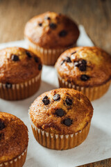 Delicious Chocolate Chip Muffins Freshly Baked on Wooden Table