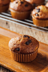Freshly Baked Chocolate Chip Muffin on Wooden Board in Bakery