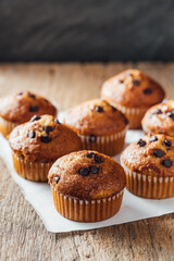 Freshly Baked Chocolate Chip Muffins on Wooden Table Surface