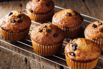 Fresh Baked Muffins with Chocolate Chips on Cooling Rack