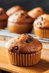 Freshly Baked Chocolate Chip Muffin on Wooden Board with Background