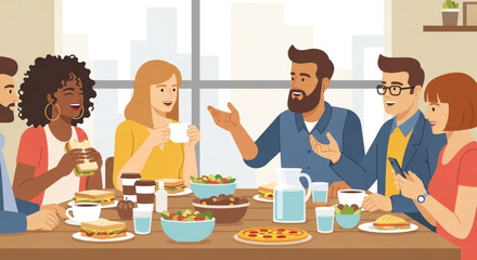 A group of colleagues are sitting around a table in a modern office, eating lunch, drinking coffee, and chatting during their break