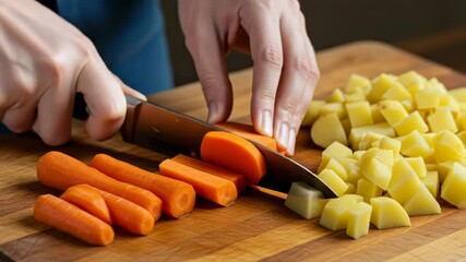 Hands chopping fresh carrots on a wooden cutting board - Powered by Adobe