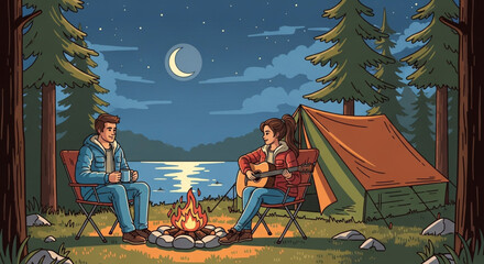 A couple enjoys a peaceful camping trip by the lake under the moonlight, sharing stories and music around a warm campfire in the wilderness